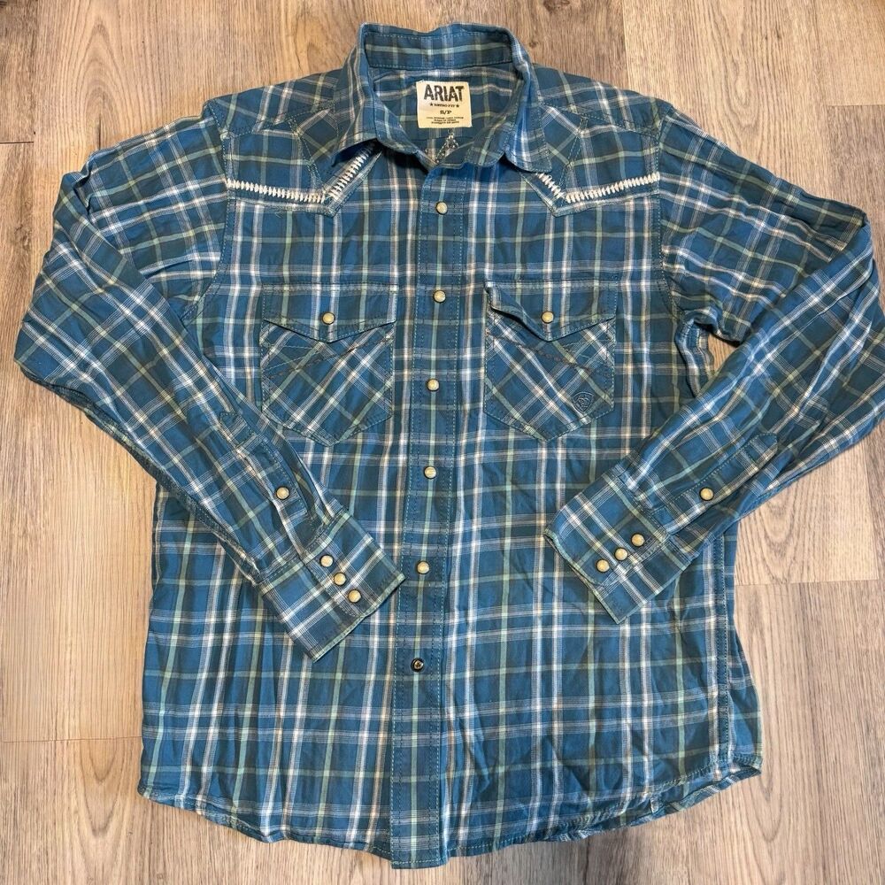 Ariat Women's Retro Fit Southwestern Plaid Print Blue Button Down Shirt Sz Small